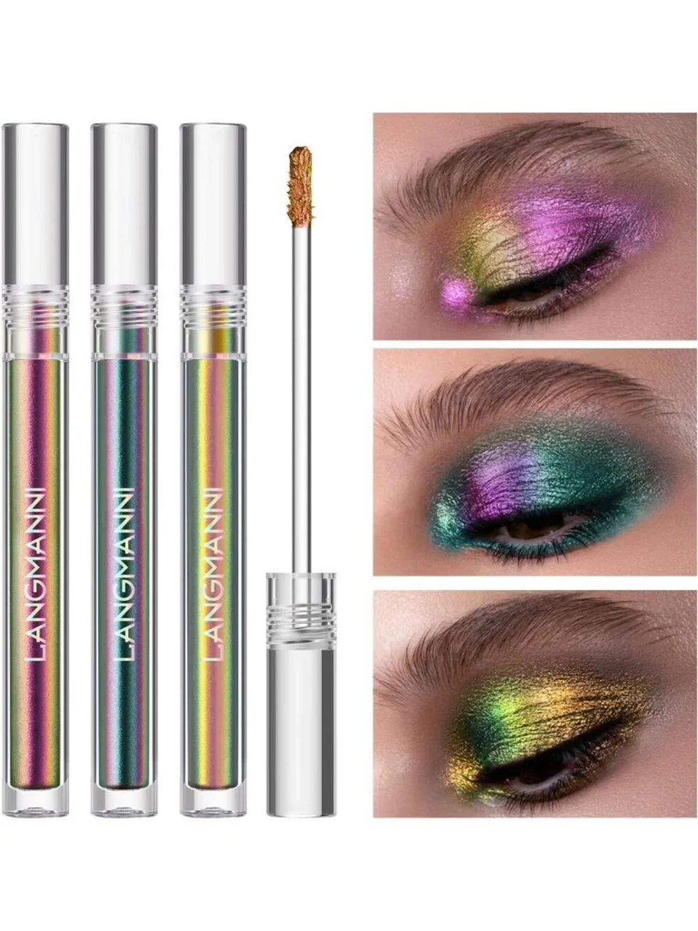 3Pcs Holographic Multichrome Liquid Eyeshadow Set - Iridescent Makeup Trio